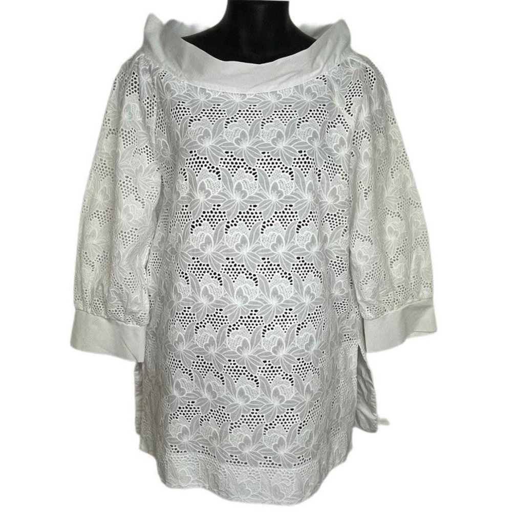 Nara Camicie White Floral Eyelet Lace Tunic Top Italy Boat Neck Size II US 6